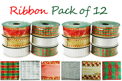 12x Gift Ribbon Rolls for Gift Wrapping, Decoration (Assorted Colours/Designs)