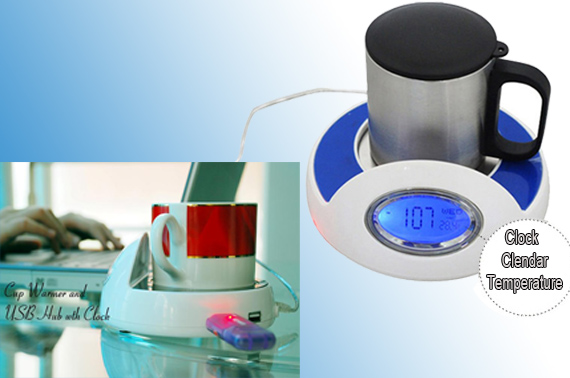 USB Cup Warmer with 4-Port USB Hub and Clock/Calendar/Thermometer