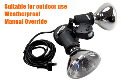 Outdoor Weatherproof Twin PAR38 Security Floodlight with Adjustable PIR Sensor and LUX Controls
