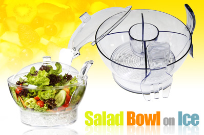 Salad-On-Ice Serving Bowl with Divider, Ice Grate and Salad Tongs