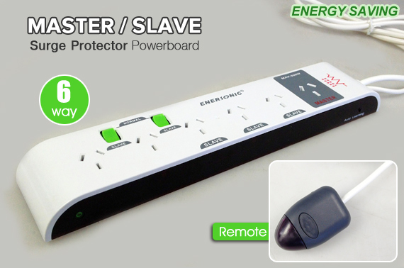 Energy Saving 6 Outlet Master/Slave Power Board with Surge Protector and IR Remote Receiver
