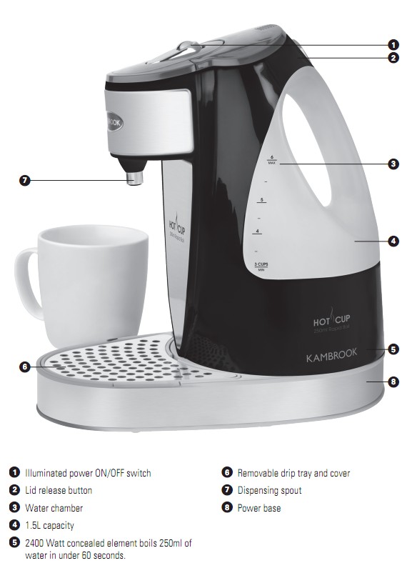 Kambrook KQK600B Hot Cup Rapid Boil Kettle, Black