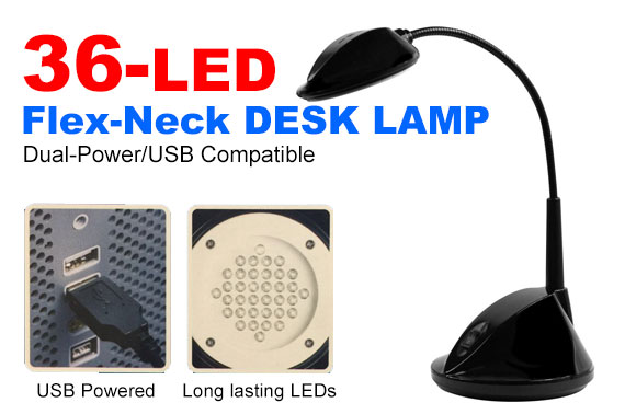 Dual Power USB 36 LED Super Bright Flex-Neck Desk Lamp