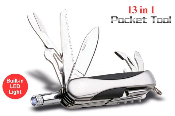 FREE Ozstock Day: 13-in-1 Stainless Steel Pocket Knife with Built-in LED Flashlight