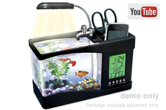 USB Mini Desktop Fish Tank Aquarium with LED Lights and LCD Alarm Clock