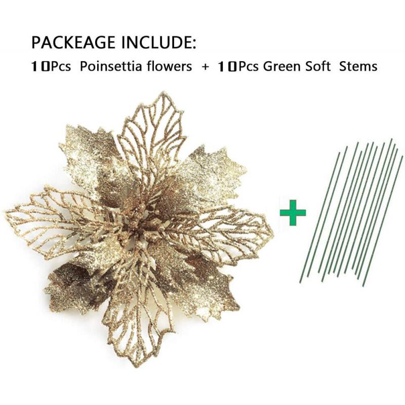Free Shipping 10XPoinsettia Glitter Flower Tree Hanging Xmas Party Tree Decor Champagne