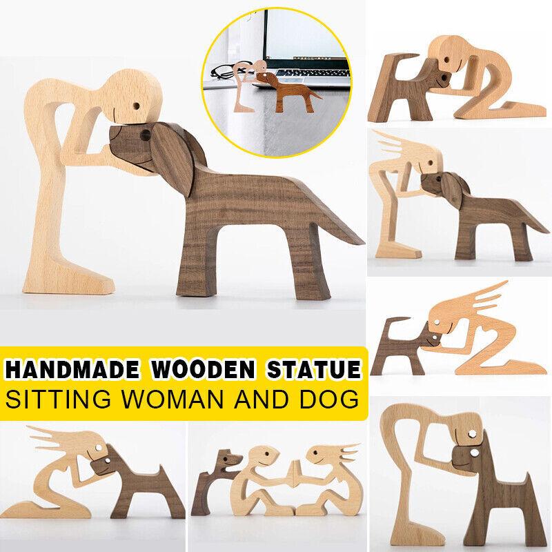 Handmade Wooden Statue, Sitting Woman and Dog, Wood Decor Craft DIY Home Decor
