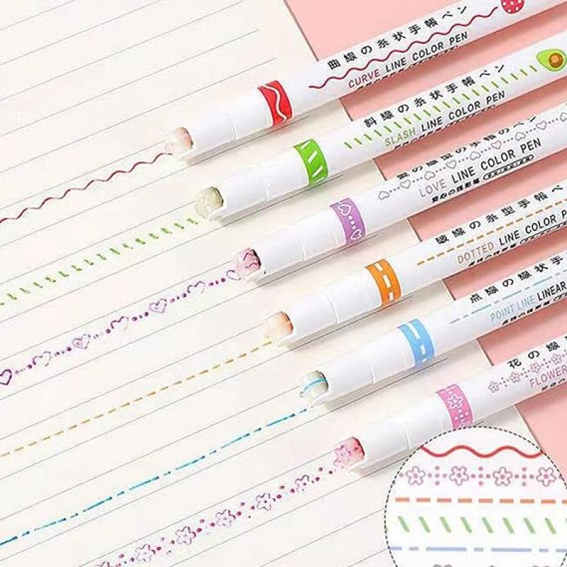 Highlighter Set, 6 Different Curved Shape Pens, Fine Tip, Journal Planner Pen