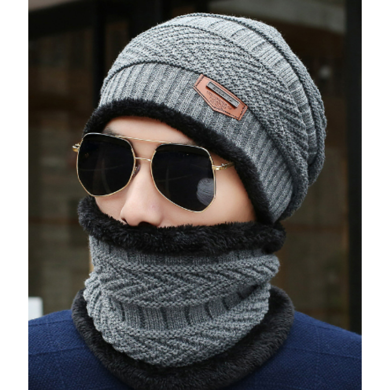 Winter Knitted Hat Men Fur Women Neck Warm Chunky Beanie Fleece Ski Cap