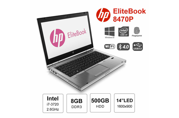 Refurbished HP EliteBook 8470p 14” Laptop i7-3720 2.6GHz 8GB DDR3 500GB HDD Win 10 Pro