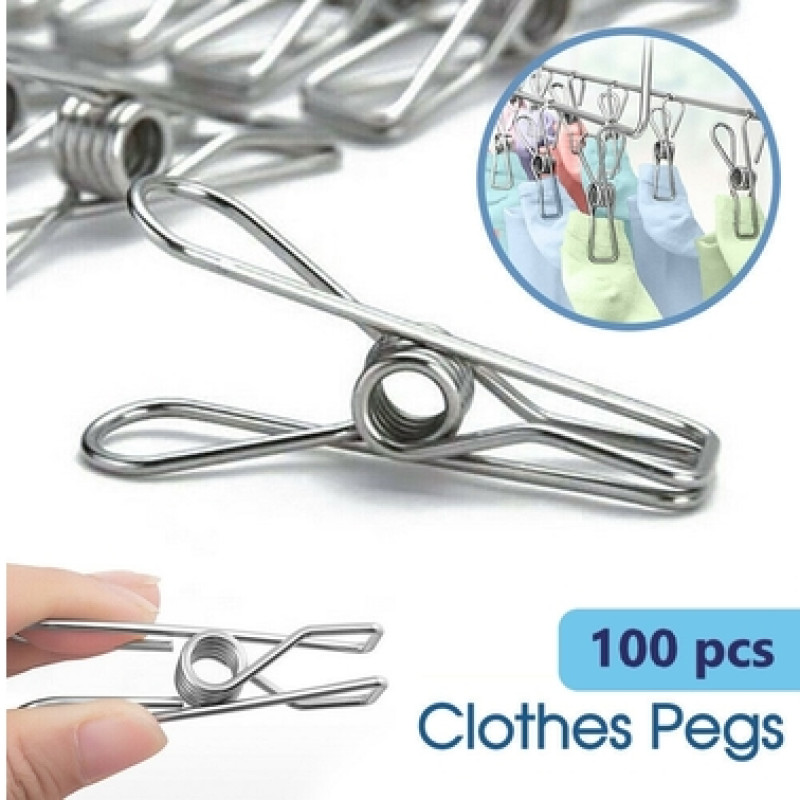 100pcs Stainless Steel Clothes Pegs Hanging Clips Pins Laundry Windproof Clamp