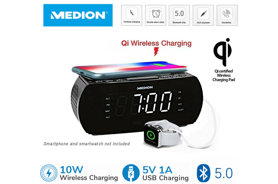 Groen botsen Afhaalmaaltijd Medion Alarm Clock Radio Snooze 10W Qi Wireless Charging Bluetooth V5.0 USB  AUX