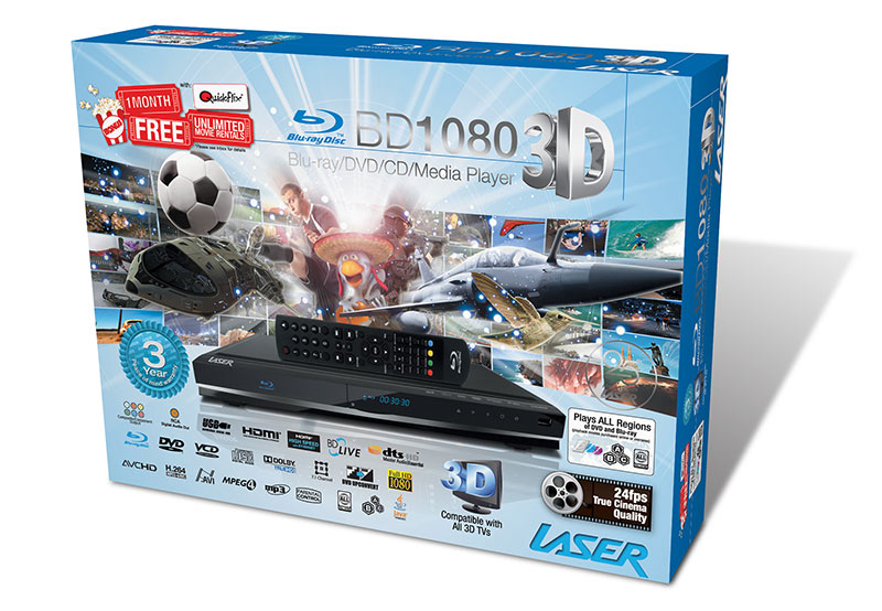 Laser Full HD 3D BluRay/DVD Player 1080p, DTS/Dolby/BD Live