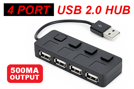 4 Port USB 2.0 HUB with ON/OFF Switches For PC Laptop High 500mA Output Powered