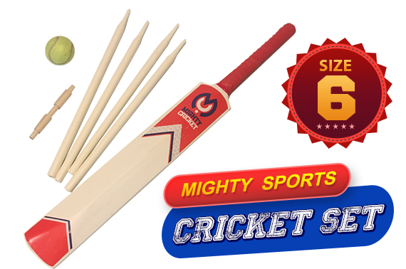MIGHTY SPORTS FUN Wooden CRICKET SET IN NYLON BAG SIZE 6 Kids Ball/Bat/Stumps