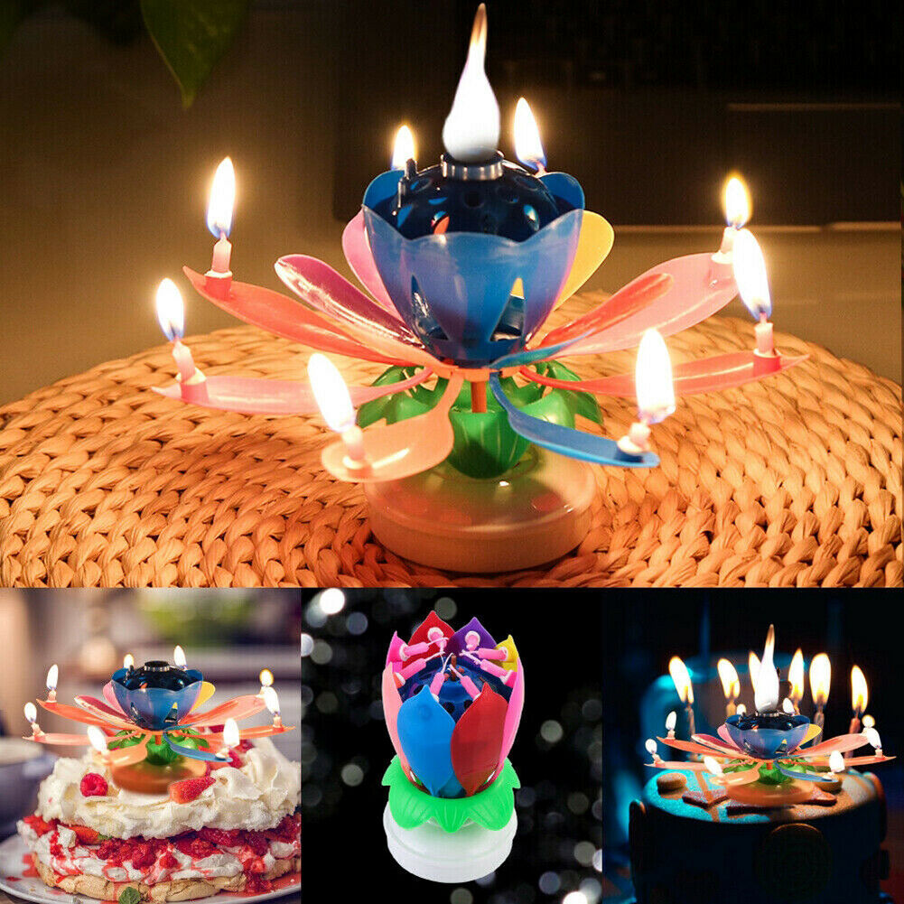 1x Colorful Blossom Lotus Birthday Candle Flower Rotating Musical Magic Party
