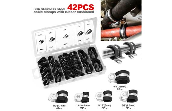 Set 42X EPDM Rubber Lined P Clips Cable Hose Pipe Clamps Holder Air Clip Clamp