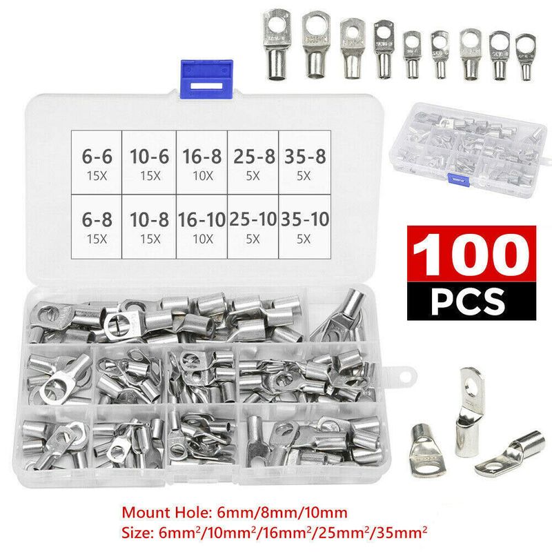 100X Tinned Battery Copper Cable Lugs Crimp Terminals Kits Wire Connector Set AU