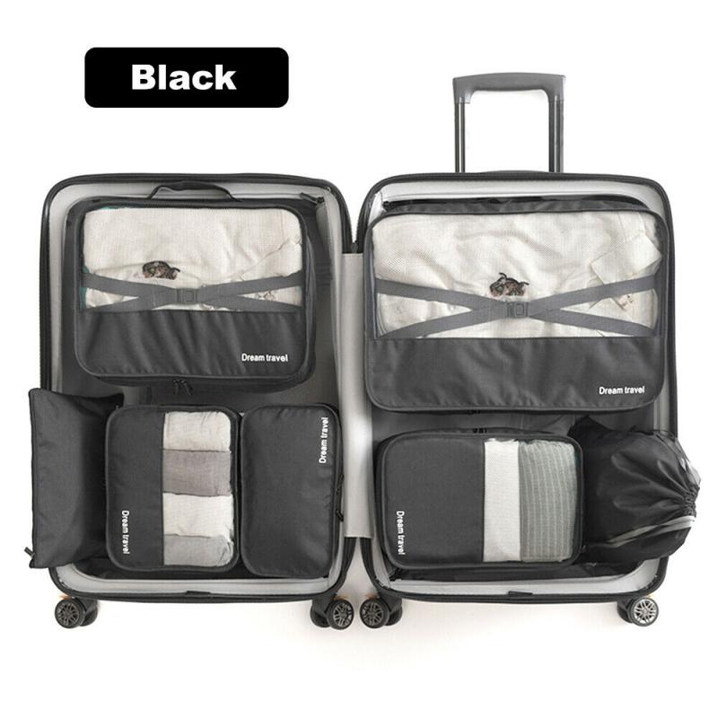 7Pcs Packing Cubes Travel Pouches Luggage Organiser Clothes Suitcase Storage Bag Black