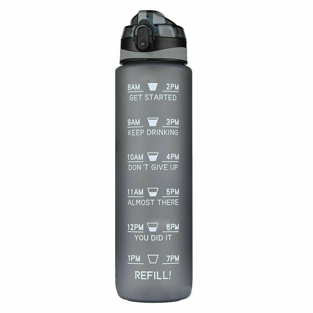 1L Water Bottle Motivational Drink Flask With Time Markings BPA Free Sport Gym Grey