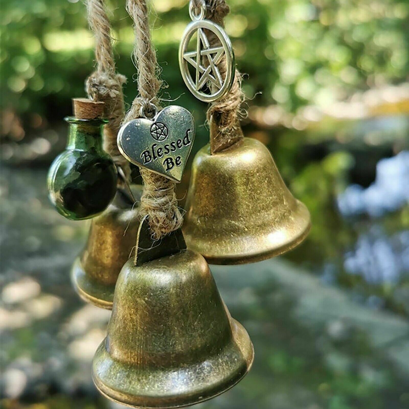 Black Brass Pentagram Wind Chime Tin Bells Wicca Pagan Decor Hangs 9.5" Overall 