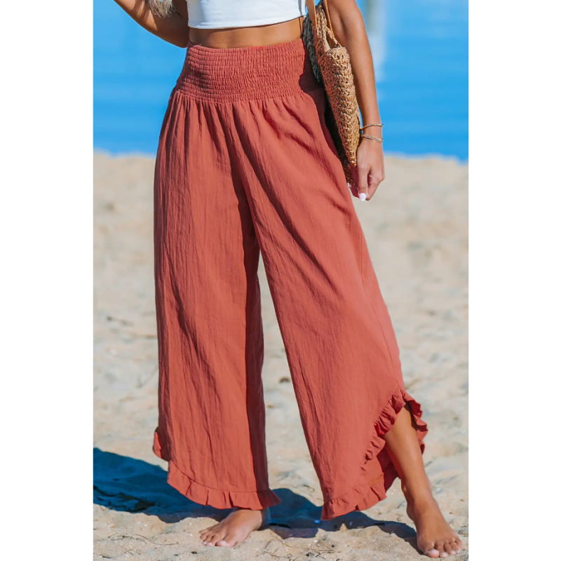 Free shipping Size: S Red Smocked Waist Straight Leg Pants