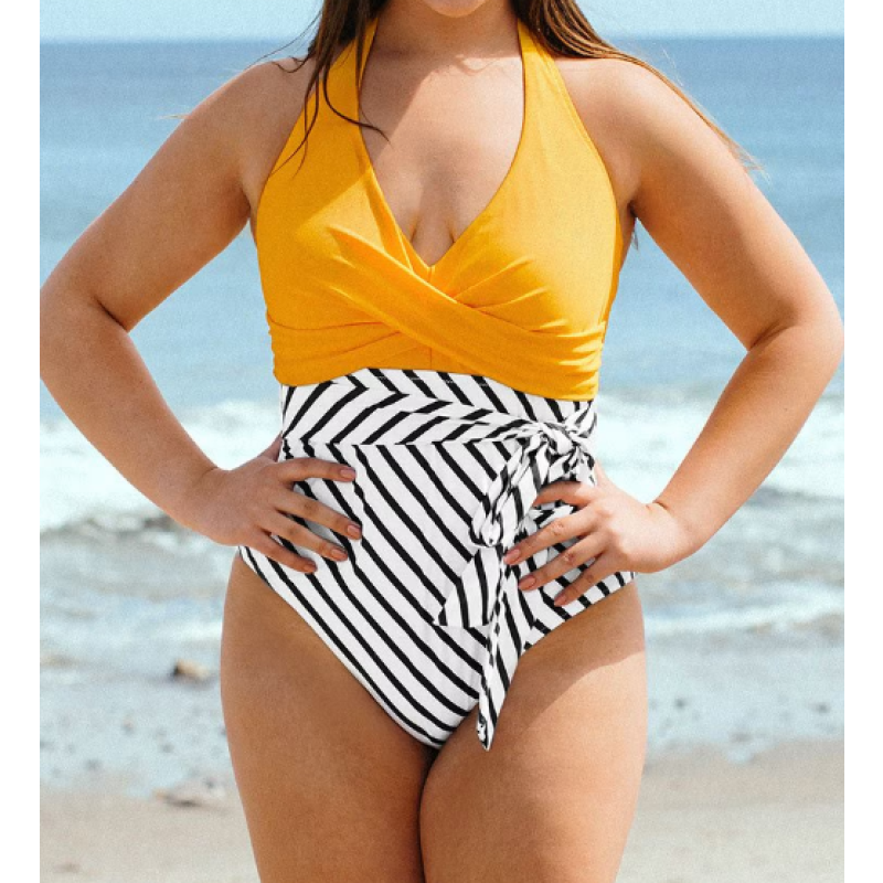 Free shipping Size: 3x Large size yellow striped one-piece swimsuit