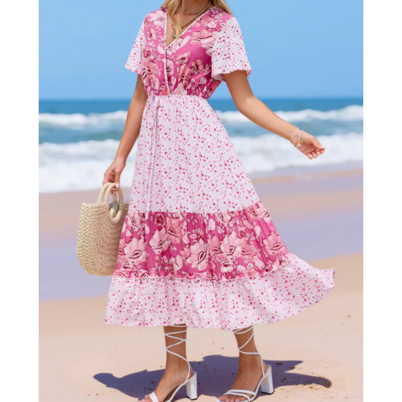 Free shipping Size: M Pink Floral Surplice Midi Dress