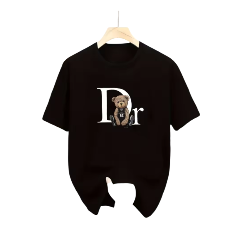 Size S H8430-Black Sleeve Round Neck Casual Attire Playful Teddy Print Summer