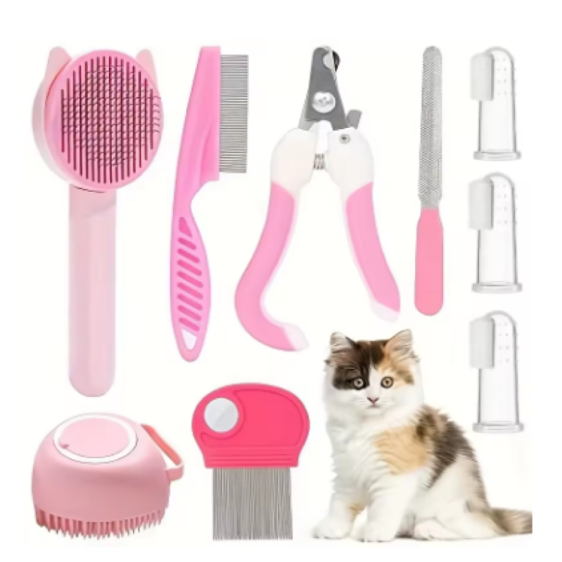 Free shipping  8-Piece Cat Grooming Kit-Brush, Nail Clippers, Flea Comb & Bath Tools Color:8pcs