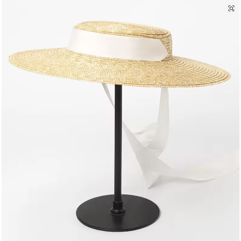 Wide Brim 10cm Straw Boater Hat Flat Summer Sun Hat with Ribbon Tie Women