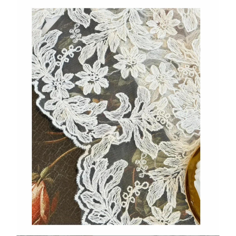 1pc French High-end Vintage Beige Embroidered Gauze Curtains with Wavy Edge