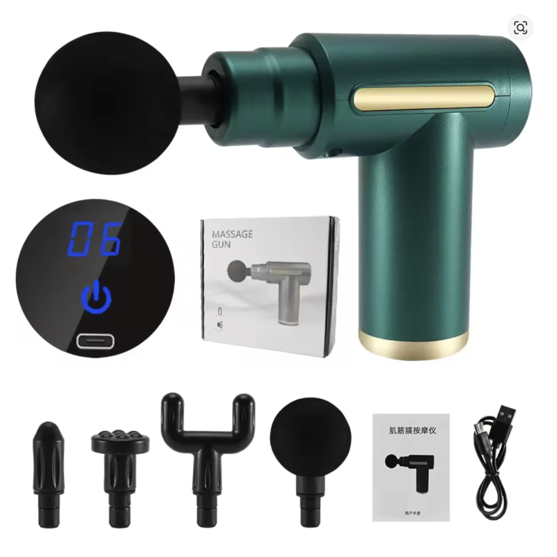 Green Portable Electric Fascia Massage Gun Percussion Pistol with 4 Replaceable 