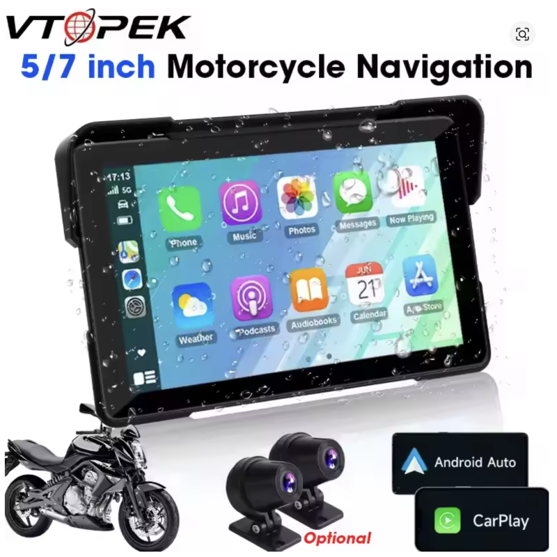 7 Inch Vtopek Motorcycle GPS DVR Multimedia Player CarPlay Android Auto IPX7