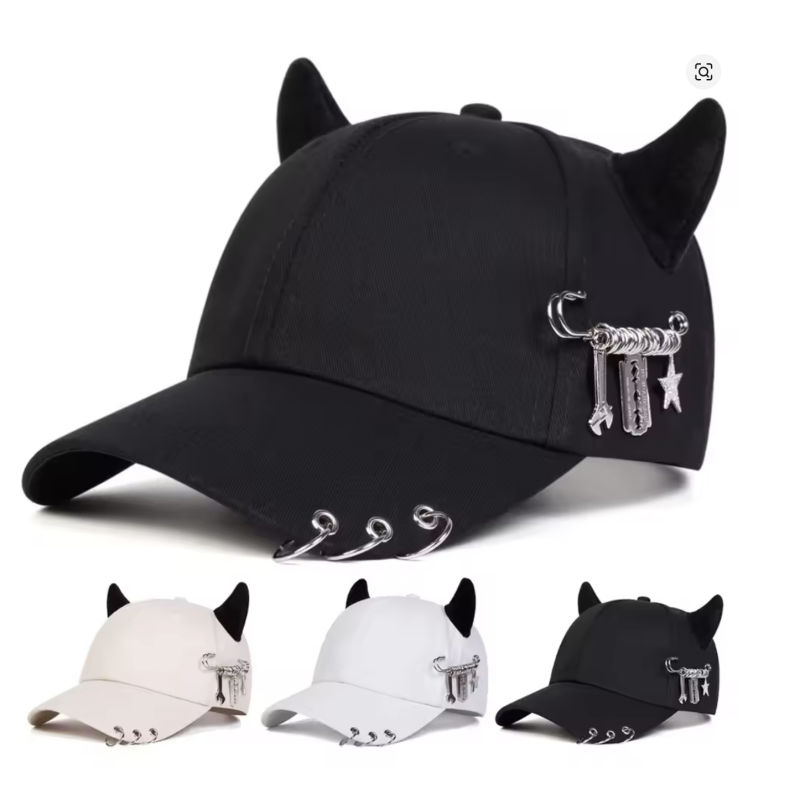 Black Unisex Iron Ring Cow Horn Baseball Cap Adjustable Outdoor Casual Hat