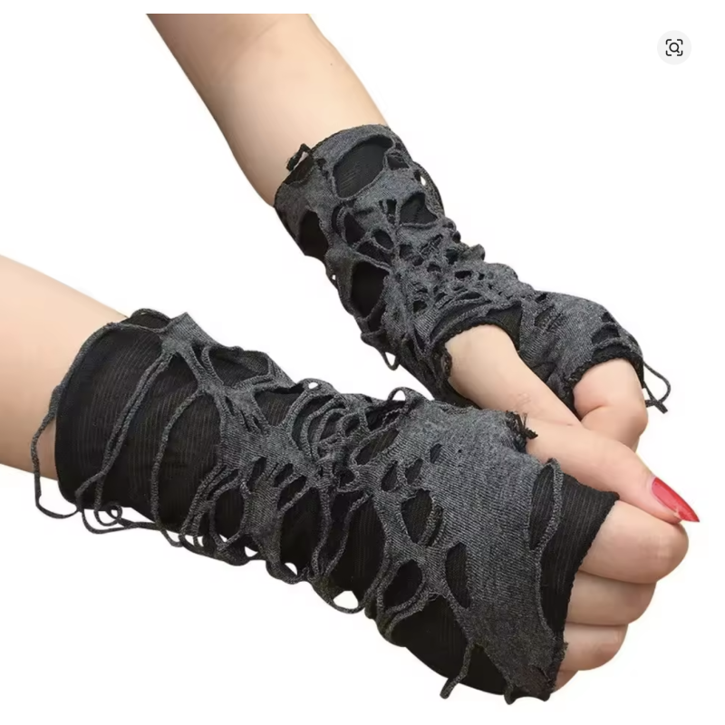 Black 2024 Gothic Fingerless Gloves Unisex Tear Design, One Size