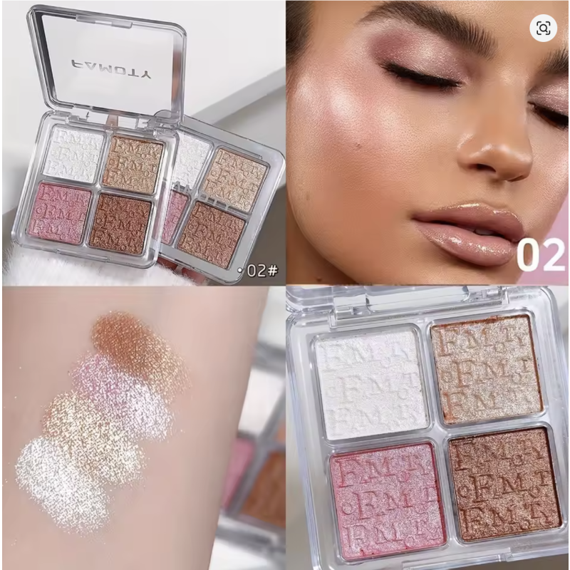 H02 4-Color Face Highlighter Palette – Natural Glow, Waterproof Shimmer Powder