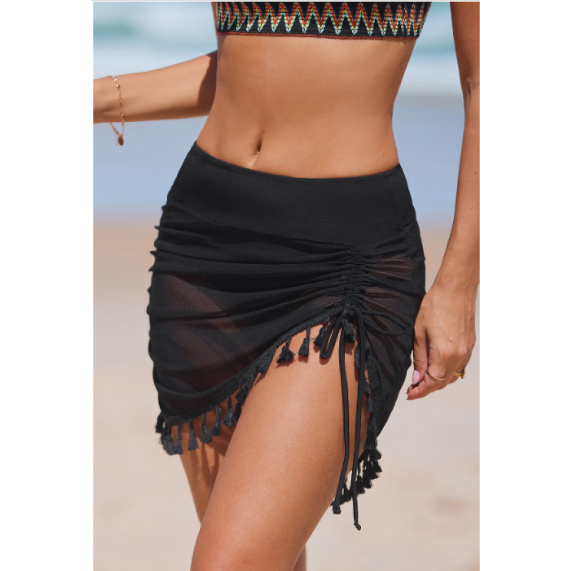 Size:S  Ruched Black Mesh Skirt Swim Bottoms