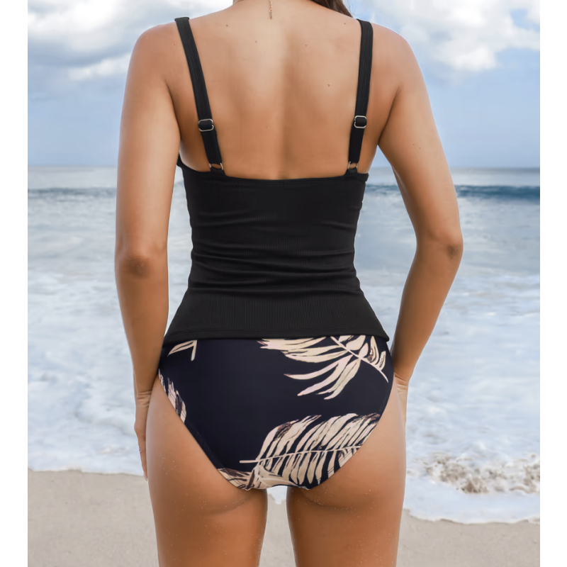 Size:M  Black Tummy Control Tankini & Floral Bottoms Set