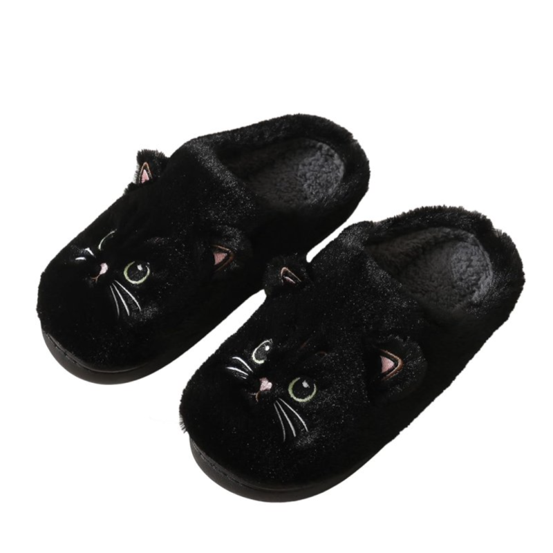 Black 38–39 Cute Cat Fuzzy Faux Fur Women’s Indoor Outdoor Slippers