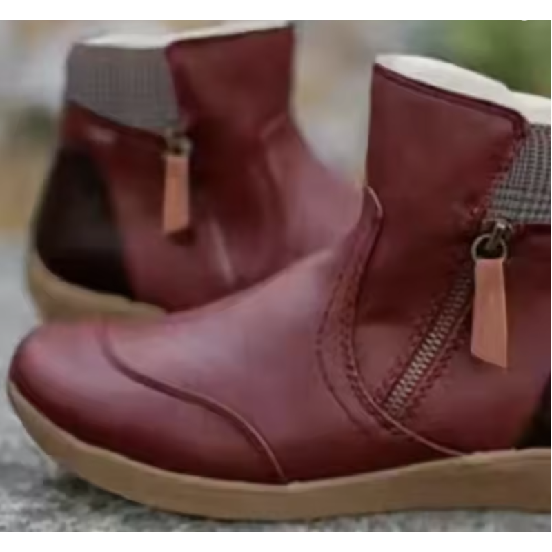 Wine Red 38 Women’s Ankle Boots Short Double Zipper Flat Snow Wedges