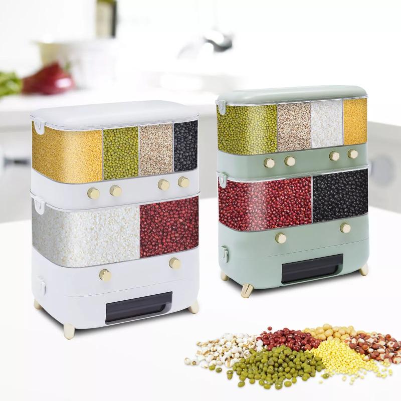 White Wall-Mounted Dry Food & Grain Dispenser – 6 Grid, 10KG Storage