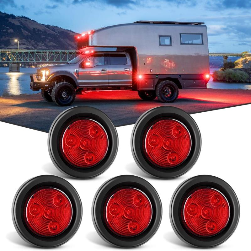 Free shipping 5PCS Red Round Trailer LED Marker Clearance Light 4 LED Flush Mount with Plug Grommet 