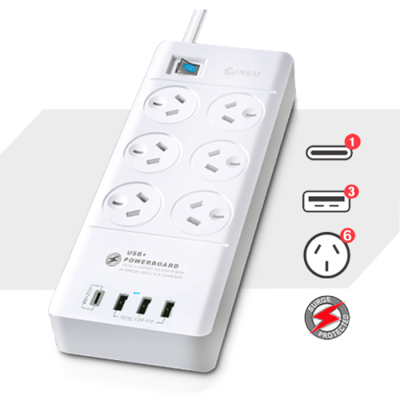 Free shipping 6-Outlet Powerboard with USB-A and USB-C Ports & Surge Protector