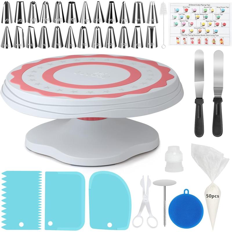 PINK Cake Decorating Tools Set 85Pcs Baking Supplies Revolving Cake Turntable