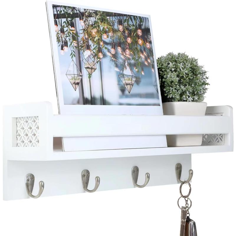 Key Holder for Entryway Decor Organizer, Wooden Floating Shelf Features 4 Metal
