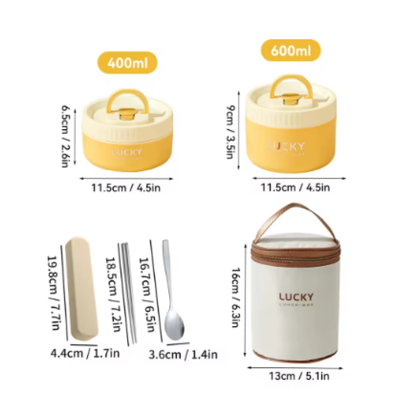 Yellow 1000ml Bento Lunch Box Set with Insulated Stainless Steel Container