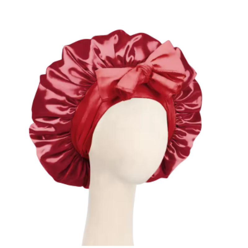 Red Adjustable satin silk bonnet for sleeping with tie band for women and men.
