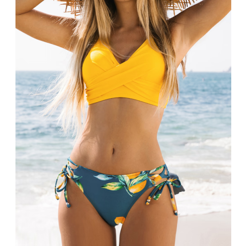 Goldenrod S Yellow Wrap Front & Floral Print Tie Side Bikini Set
