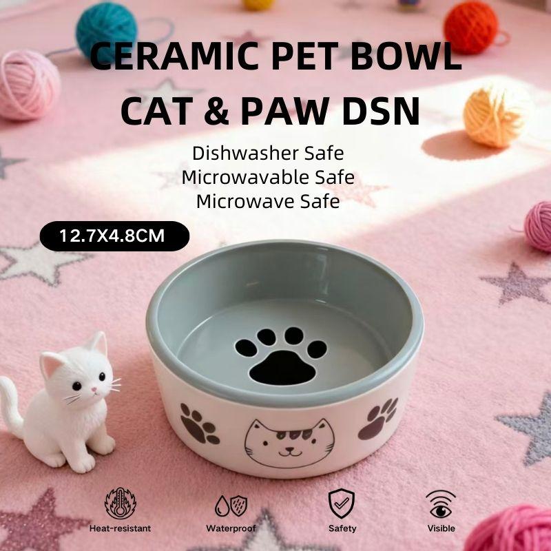 CERAMIC PET BOWL 12.7X4.8CM CAT & PAW DSN